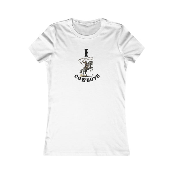 White crew-neck graphic tee with cowboy rider and 'cowboys' print