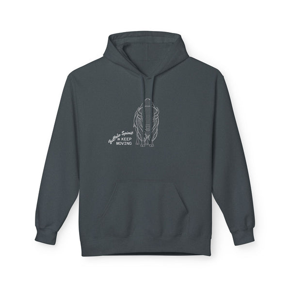 Dark heather hoodie with front chest graphic and “Keep Moving” text, pullover hood