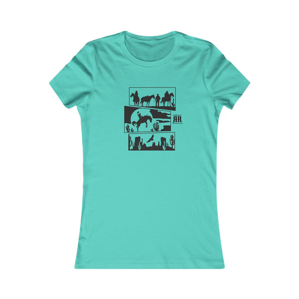 Turquoise cowgirl graphic T-shirt with black desert horse and cowboy print