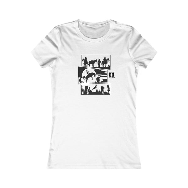 White cowgirl graphic T-shirt with black desert animal and cowboy print