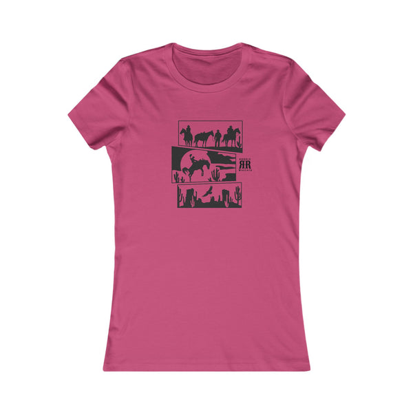 Berry pink cowgirl graphic T-shirt with black desert horse and cowboy print