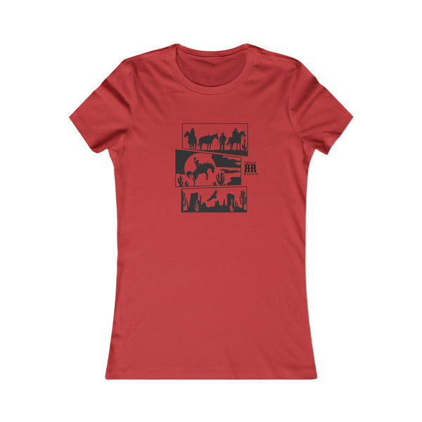 Red cowgirl graphic T-shirt with black desert horse and cowboy print