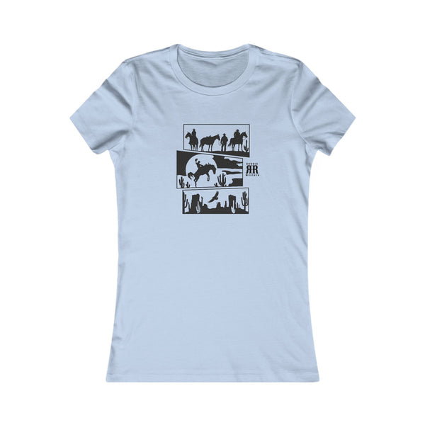 Light blue cowgirl graphic T-shirt with black desert animal and cowboy print