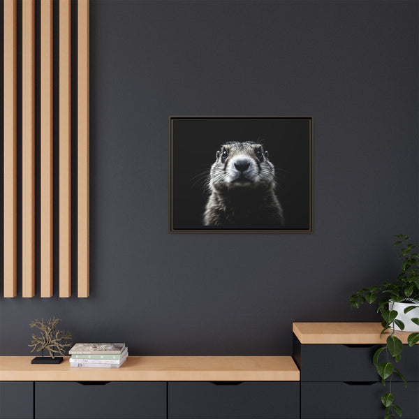 Small framed prairie dog canvas wall art with dark background and thin border