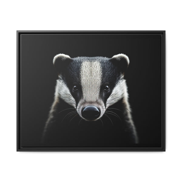 Framed badger canvas wall art with black and white portrait, dark frame