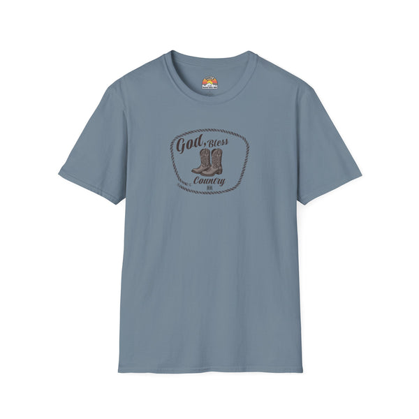 Powder blue western T-shirt with oval cowboy boot graphic and crew neckline