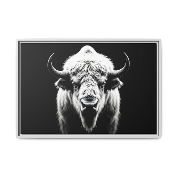 Framed monochrome bison head print with long horns and strong contrast