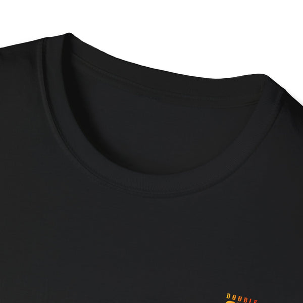 Black crewneck T-shirt close-up of neckline and small chest graphic