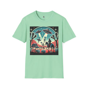Mint green T-shirt with western sci-fi graphic featuring cowboys, aliens, and fireworks