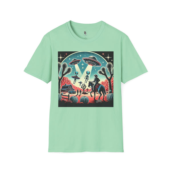 Mint green T-shirt with western sci-fi graphic featuring cowboys, aliens, and fireworks
