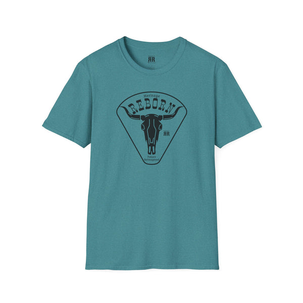Teal crew-neck T-shirt with front bull graphic inside a triangle logo