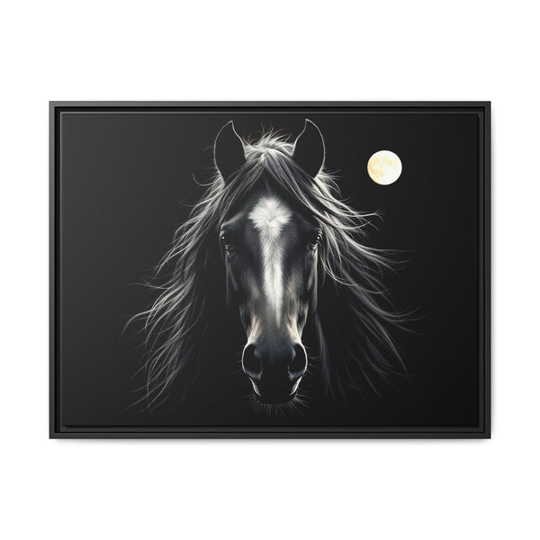 Black framed canvas art: horse head and mane detail with bright moon