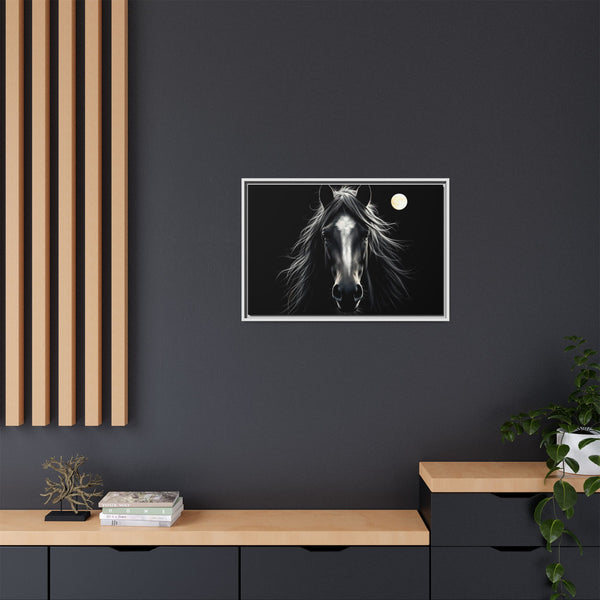 White-framed western canvas art with a small black-and-white horse and moon