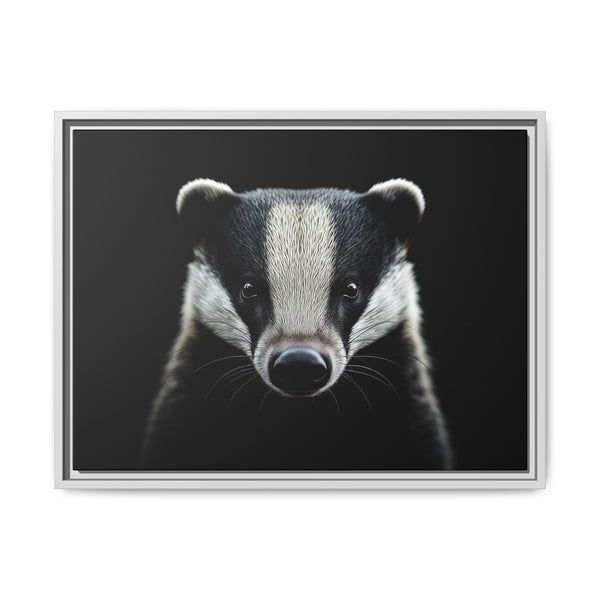 Framed badger canvas wall art with black and white portrait, silver frame
