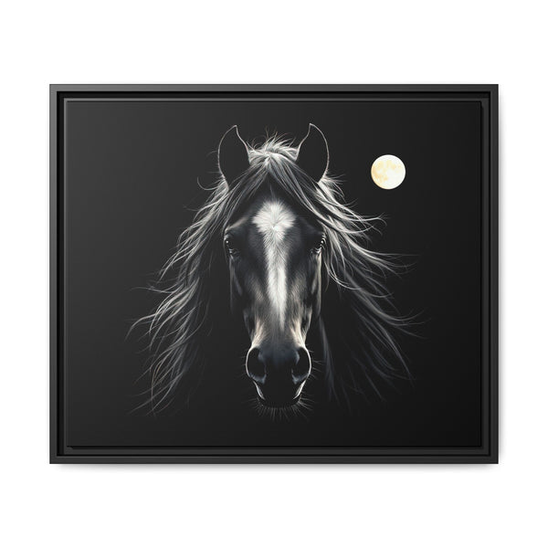 Framed canvas wall art of a black horse with full moon, black frame