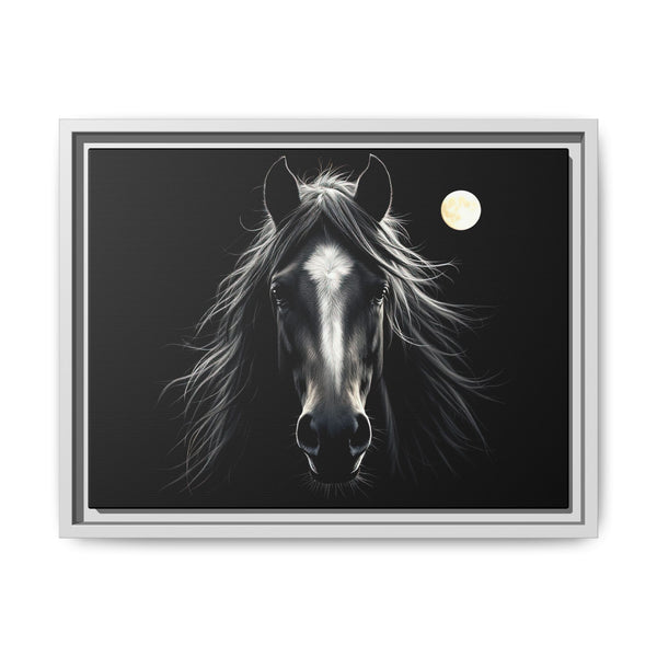 Silver framed canvas art: monochrome horse head with bright moon