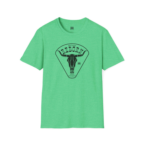 Green crew-neck T-shirt with front bull graphic inside a triangle logo