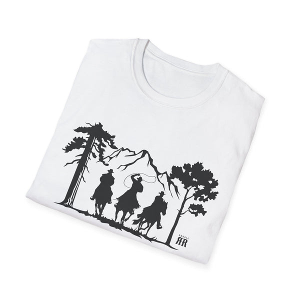White crew neck t-shirt with black western-style cowboy graphic print