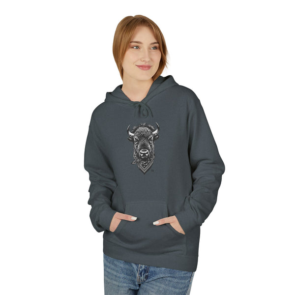 Bison graphic western wear hoodie, dark heather, front view with hood and pocket
