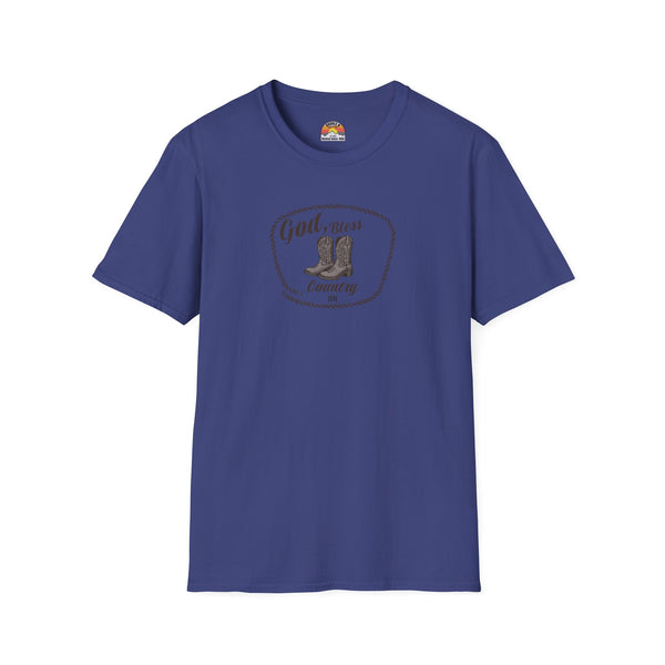 Royal blue western T-shirt with oval cowboy boot graphic and crew neckline
