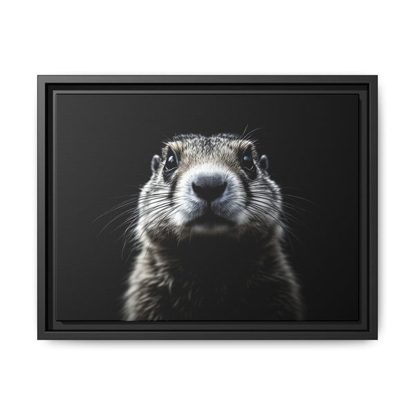 Framed canvas wall art with prairie dog close-up portrait, black frame, dark background.