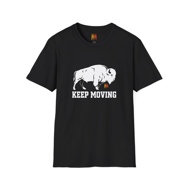 Black crew-neck Western t-shirt with white bison and “KEEP MOVING” graphic