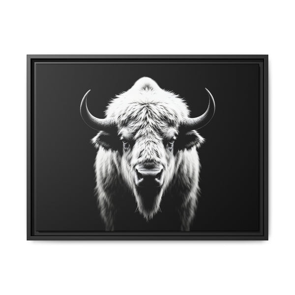 Framed bison art print with bull portrait, black frame