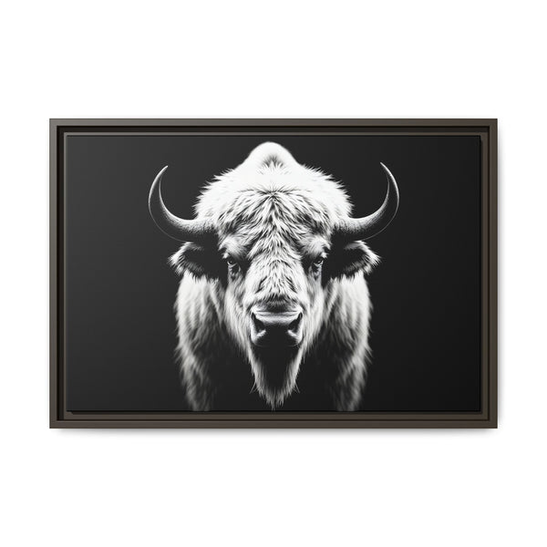 Framed bison portrait wall art with white-and-black fur, gray-brown frame