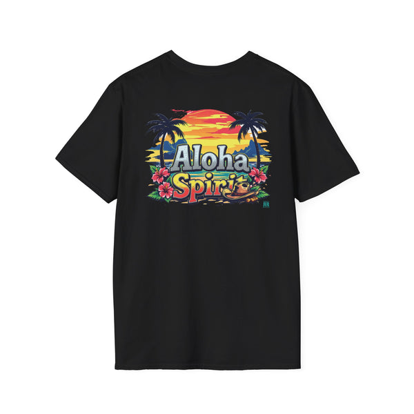 Men's black western graphic T-shirt with colorful Aloha Spirit front print
