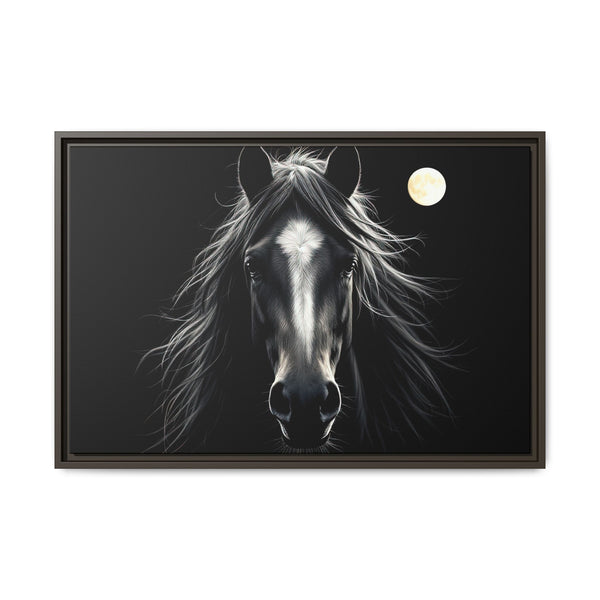 Framed canvas art of a black-and-white horse head with moon, dark frame