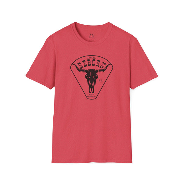 Red crew-neck T-shirt with front bull graphic inside a triangle logo