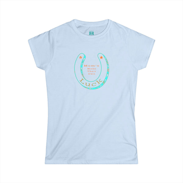Double R Western Mom’s Make Their Own Luck t-shirt, light blue, front view, horseshoe western graphic