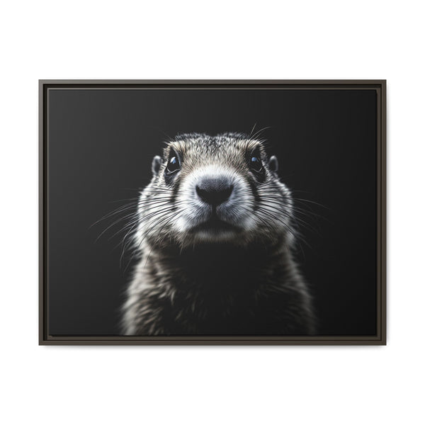 Framed western canvas art of a black-and-white prairie dog portrait, dark frame
