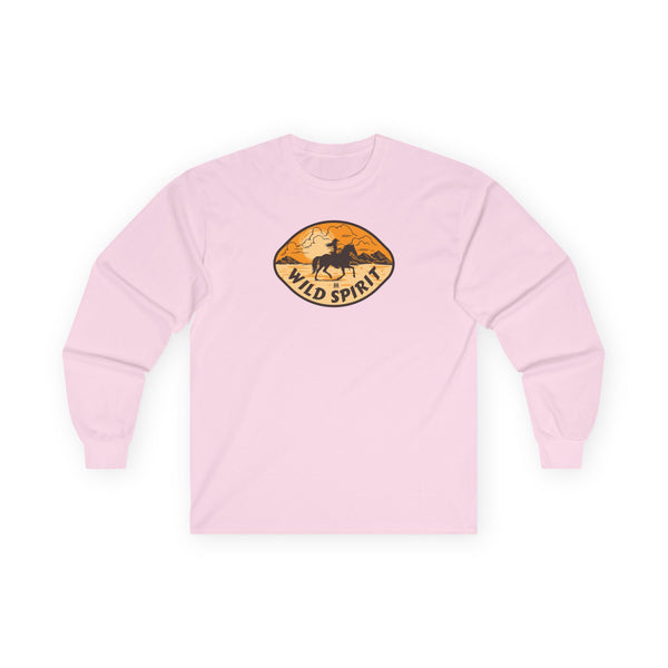 Light pink women's jersey long sleeve tee with chest Wild Spirit graphic