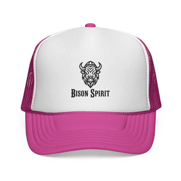 Western trucker hat with white front panel, pink mesh, and Bison Spirit graphic