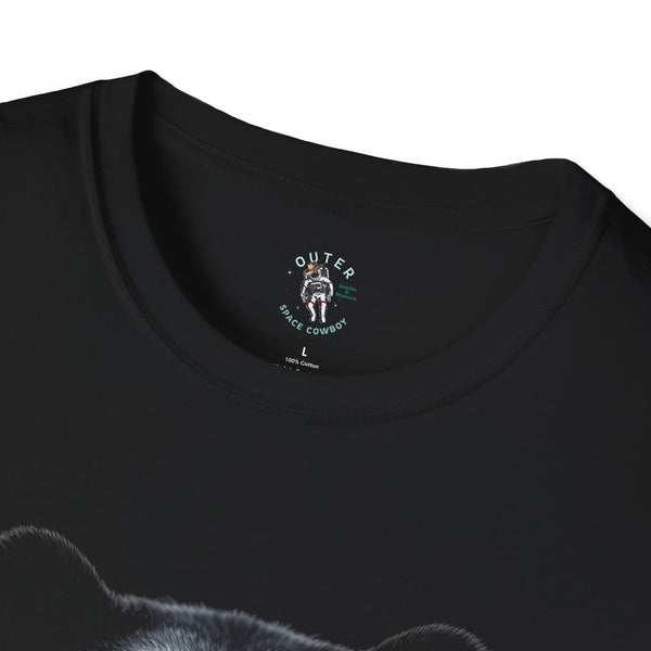 Black crewneck T-shirt neckline with small Outer Space Cowboy logo