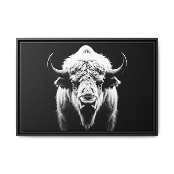 Framed bison portrait wall art with white-and-black fur, wide black frame