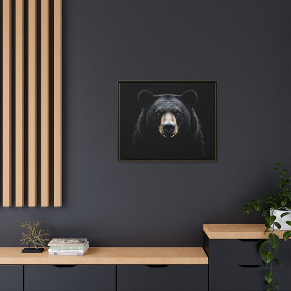 Small framed canvas bear wall art with dark bear face portrait in a dark frame