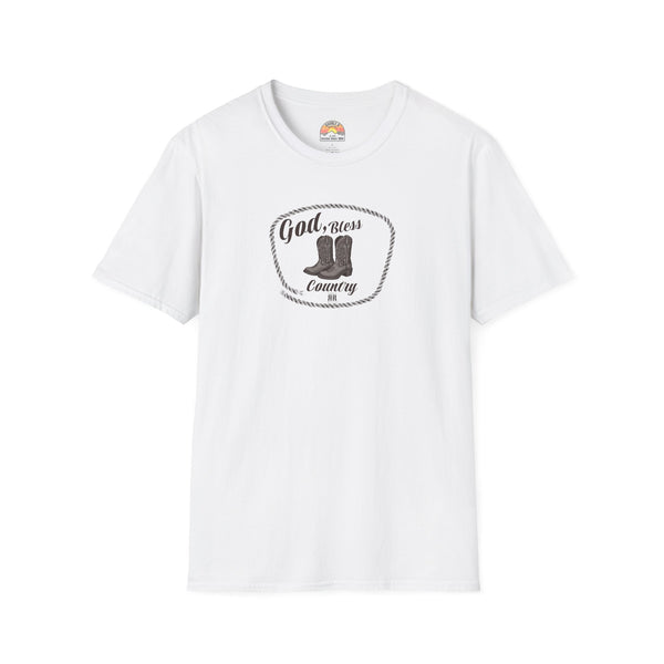 White western T-shirt with oval cowboy boot graphic and crew neckline