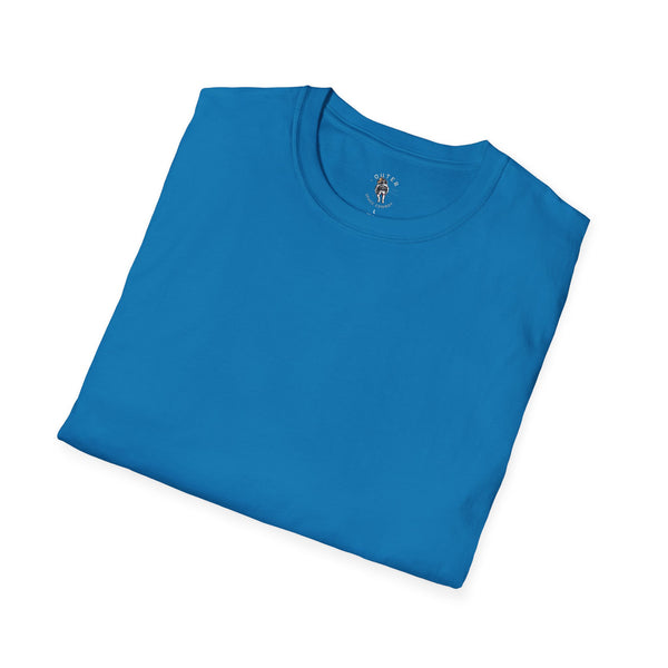 Folded men’s tropical blue T-shirt with small collar logo print and crew neckline