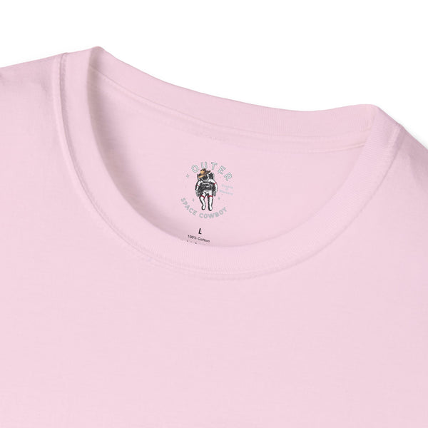 Pink women’s T-shirt neckline with small back neck graphic and size tag