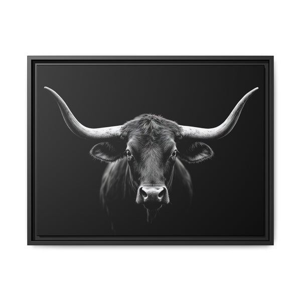 Framed western canvas art with monochrome bucking bull head, black frame