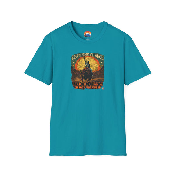 Teal crew-neck T-shirt with buffalo graphic and vintage-style lettering