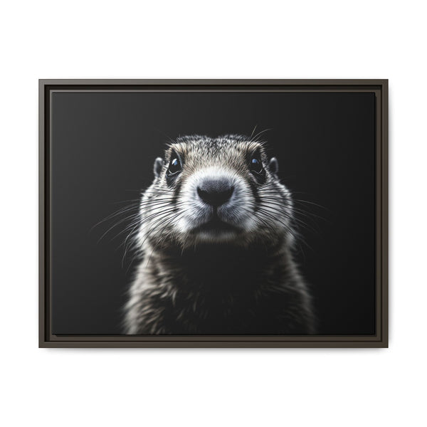 Framed western canvas art of a black-and-white prairie dog face, dark brown frame