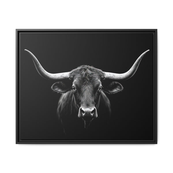 Framed western canvas art of a grayscale bull head with long horns, dark frame