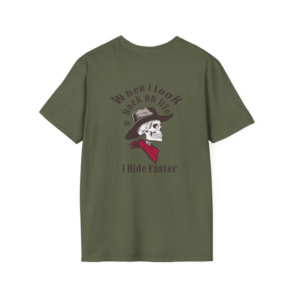 Olive crew-neck graphic T-shirt with back skull hat and “I Ride Faster” text