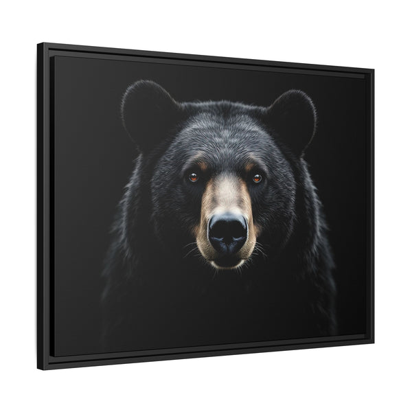 Framed canvas bear portrait with black frame, full bear head view