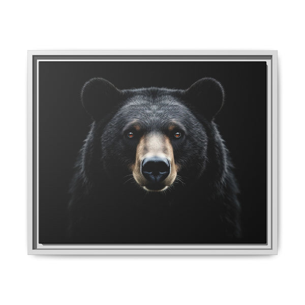 Framed canvas wall art featuring a black bear face portrait in a light gray frame