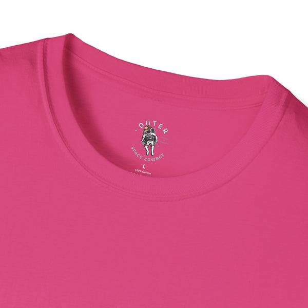 Island Cowboy Adventure Western Wear Graphic T-Shirt in Heliconia, collar detail