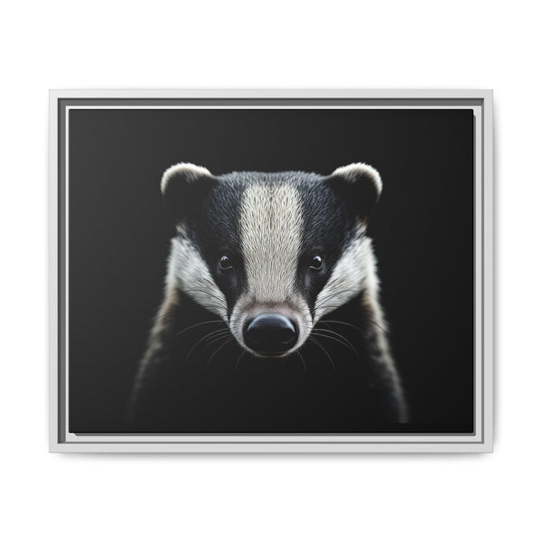 Framed badger canvas wall art with black and white portrait, silver frame